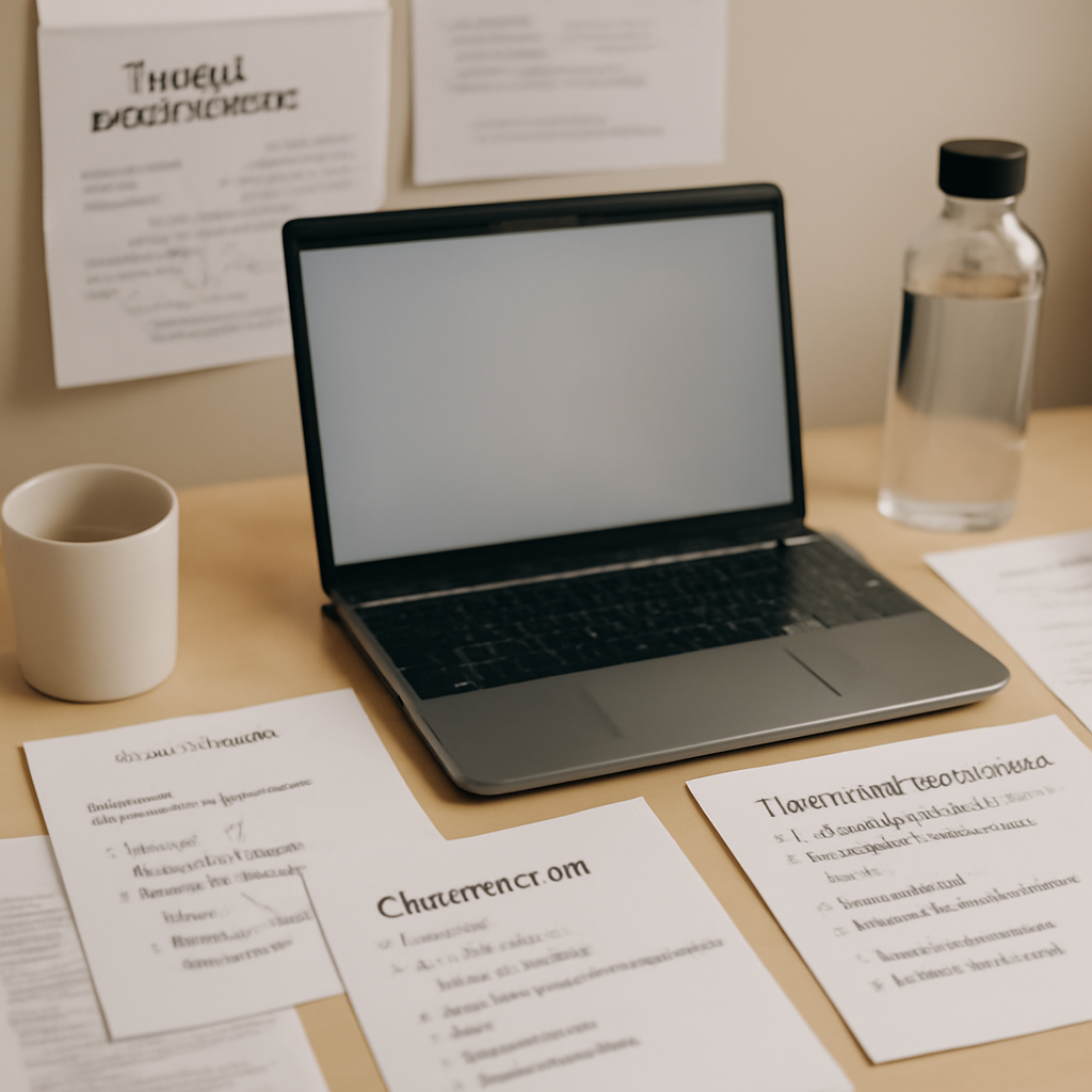 Software development workspace with laptop, notes, and package documentation on a cluttered surface.