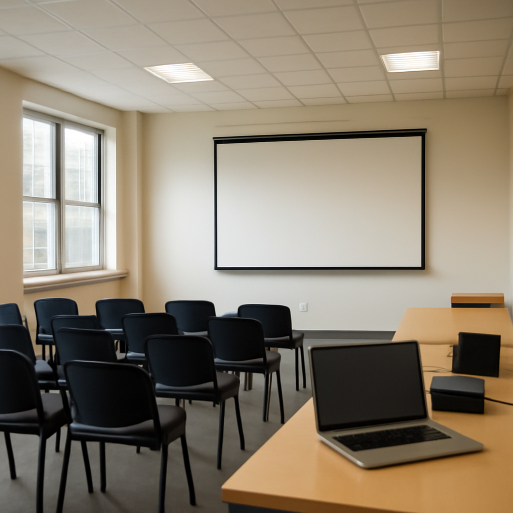 Empty conference room with laptop and devices on a table near a projector screen.