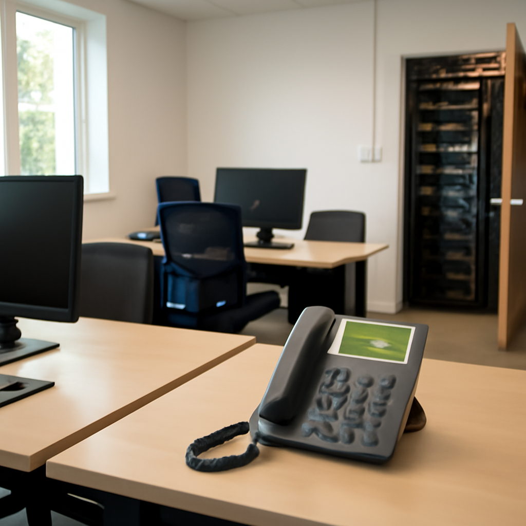 Small business office with VoIP phone and computers, server room door slightly ajar.
