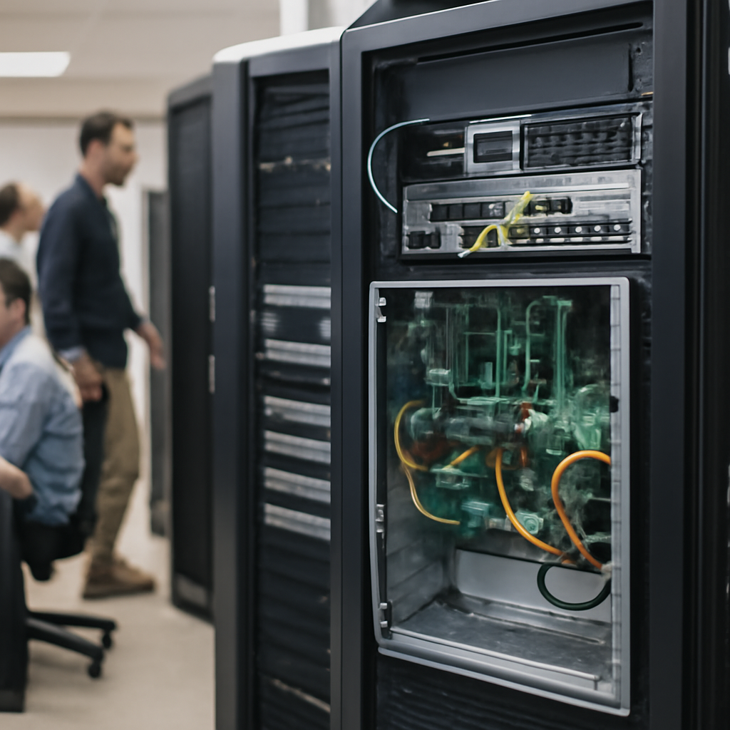 Server room with IT staff in background, focus on single server with open panel showing circuit boards and cables.