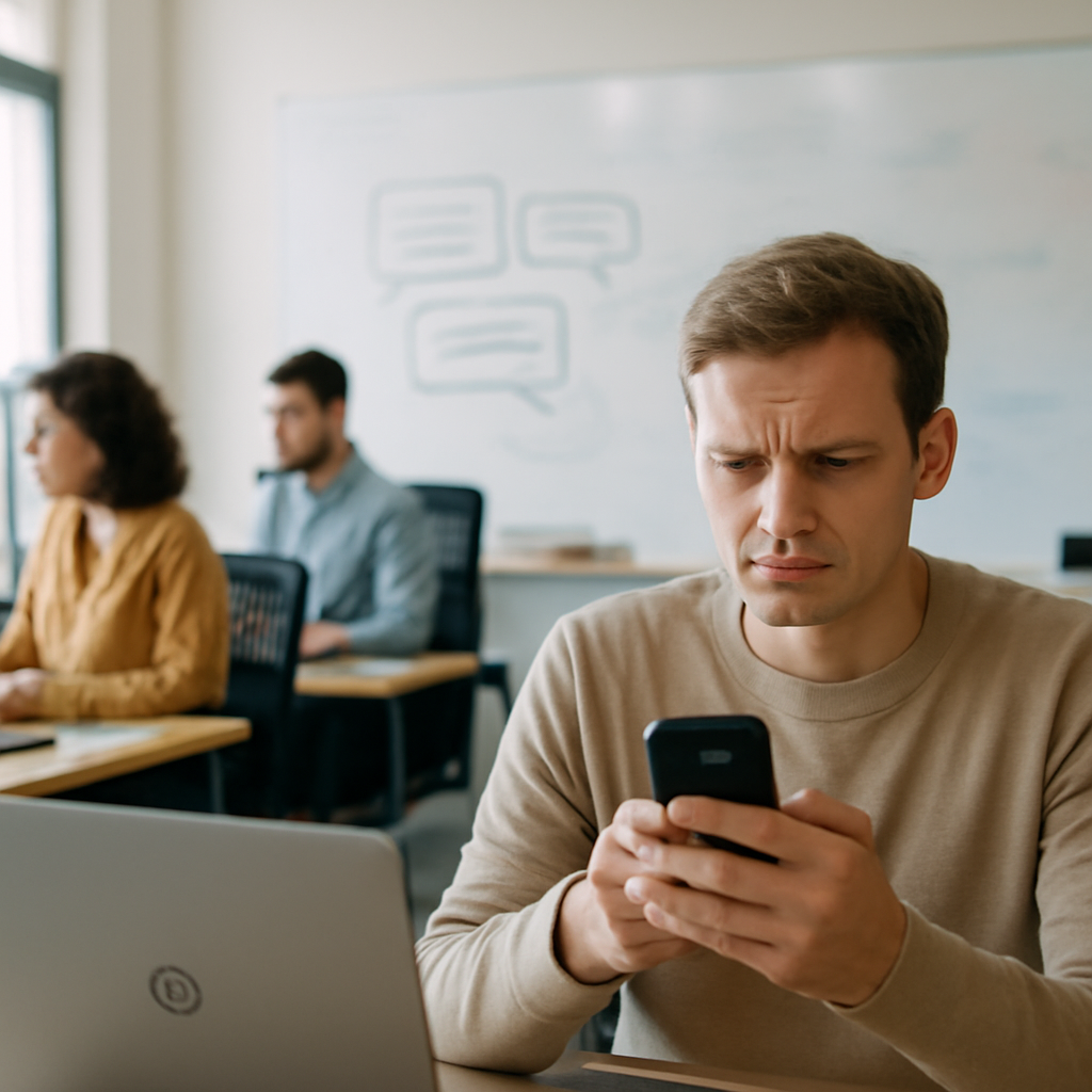 Employees work at desks in a modern office, one looking concerned and isolated.