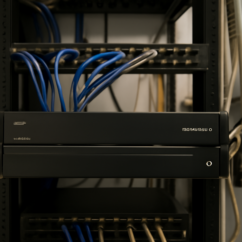 Rack-mounted SonicWall SMA1000 appliance in a typical office server closet.