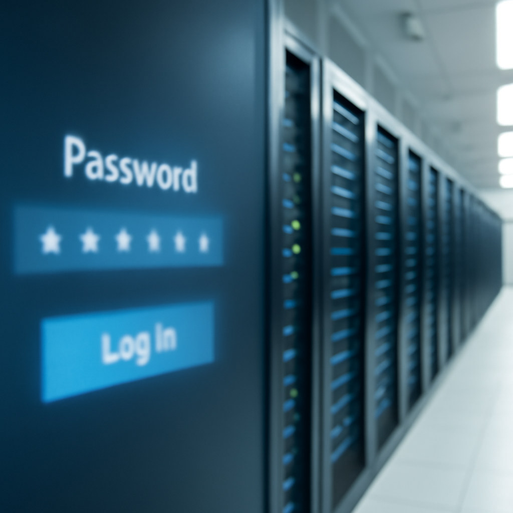 Rows of computer servers in a brightly-lit data storage room with a blurred password screen on a monitor.