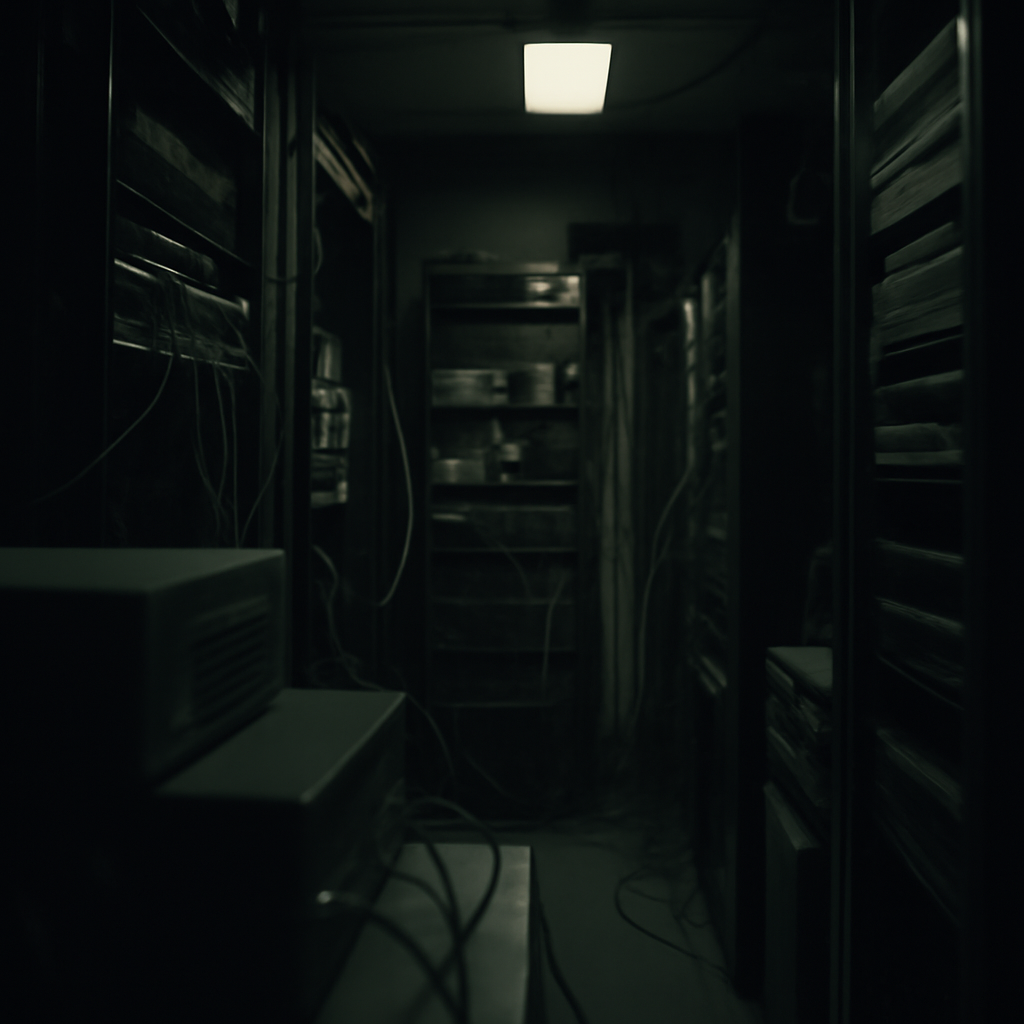 Cramped computer server room with rack-mounted equipment and cables.