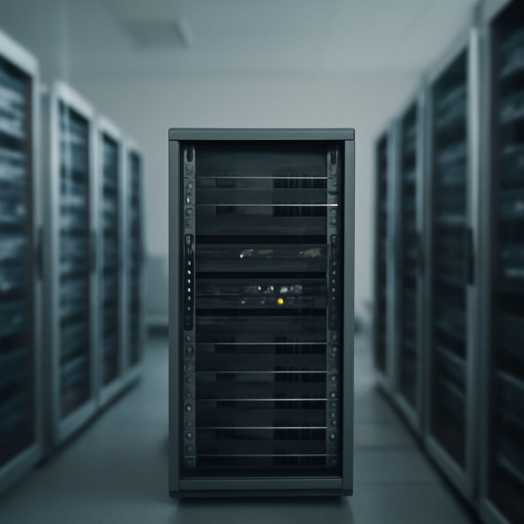 Server room with rows of computer servers and networking equipment, one rack with highlighted ports centered.