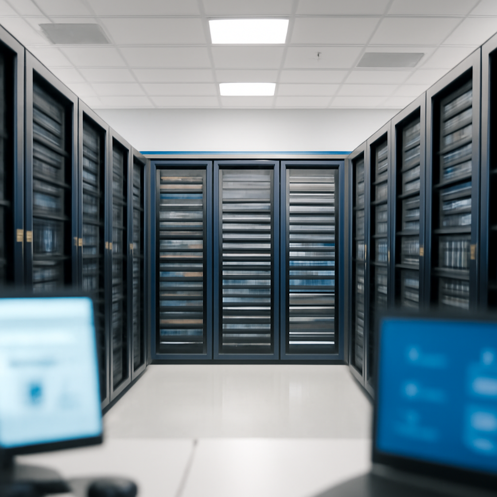 Rows of servers and storage systems in a cloud data center or server room.