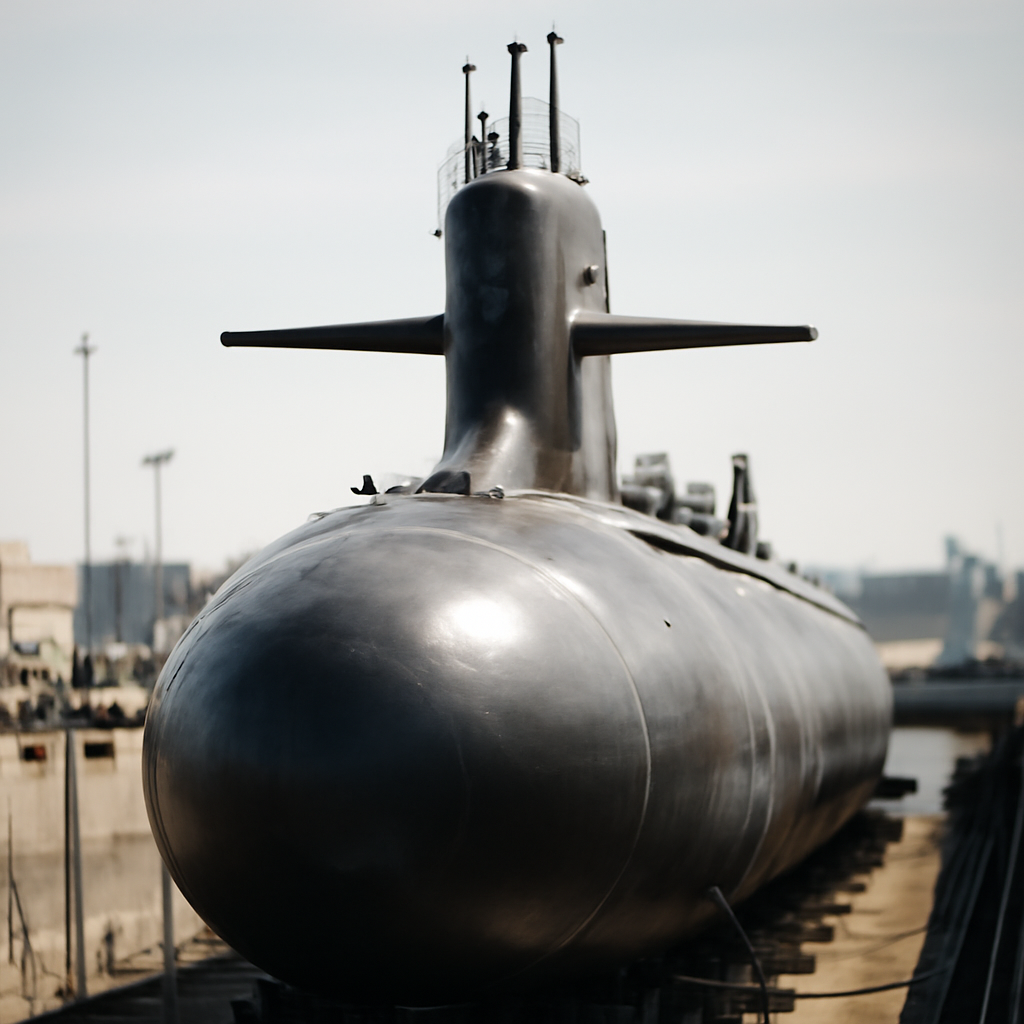 Nuclear-powered submarine in a daylight setting with blurred background.