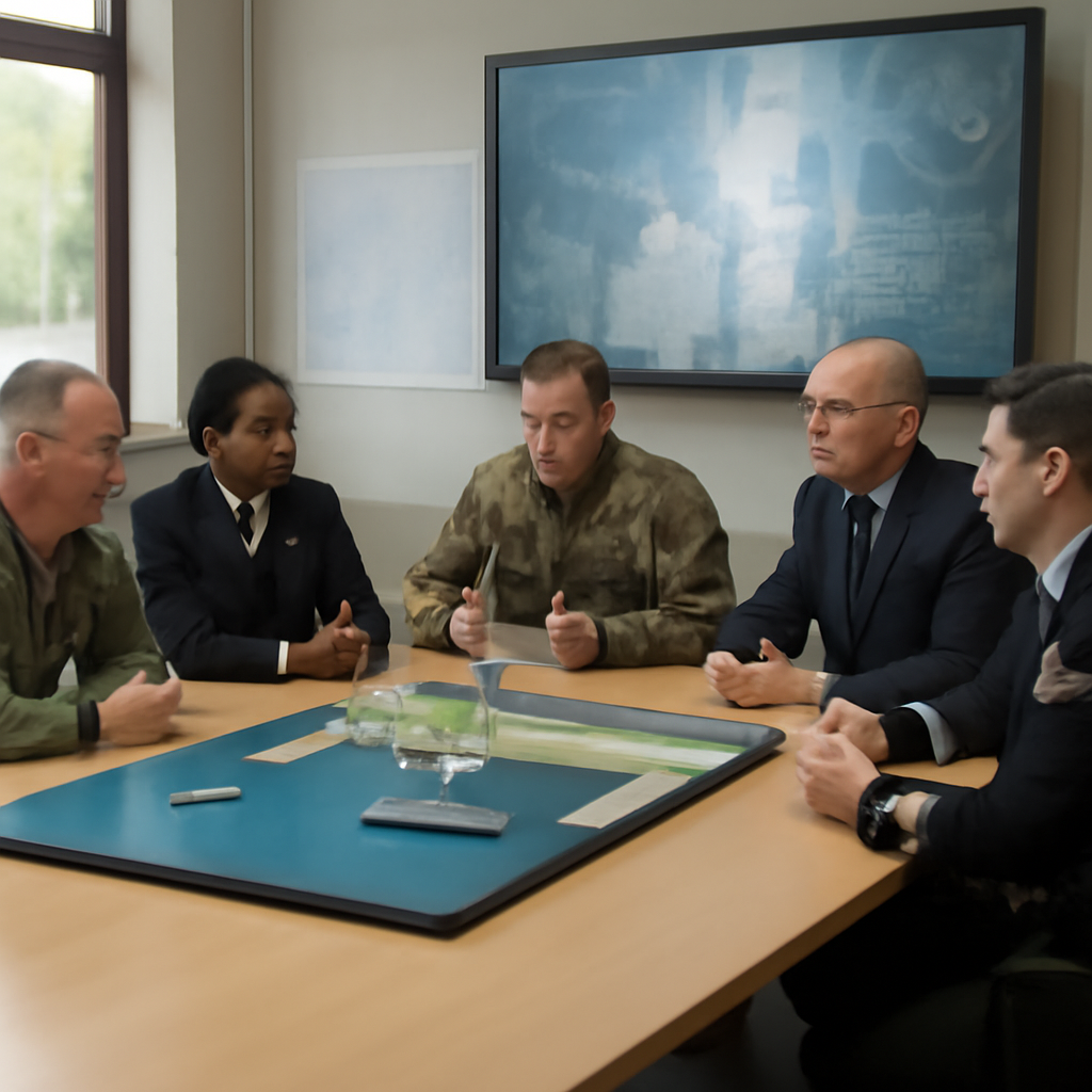 Defense officials from various organizations discuss harbor defense systems around a large table with a screen display.