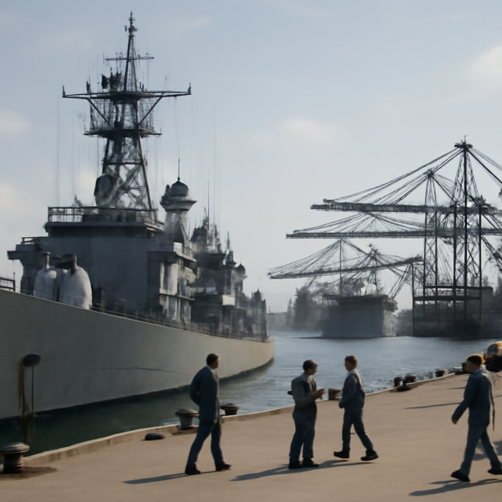 Naval ship docked at busy port with cargo ships and personnel in foreground.