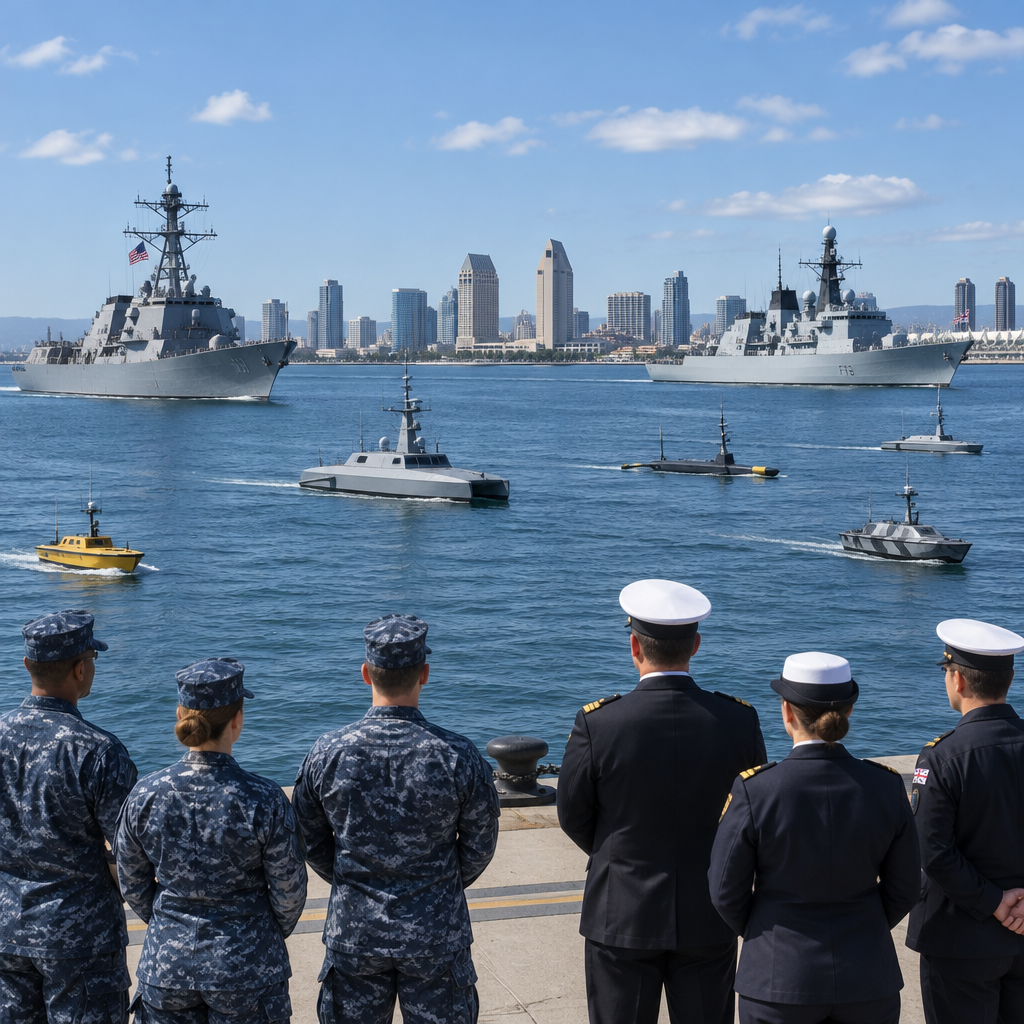 US and Royal Navy personnel observe naval vessels and autonomous boats in formation off San Diego dock.