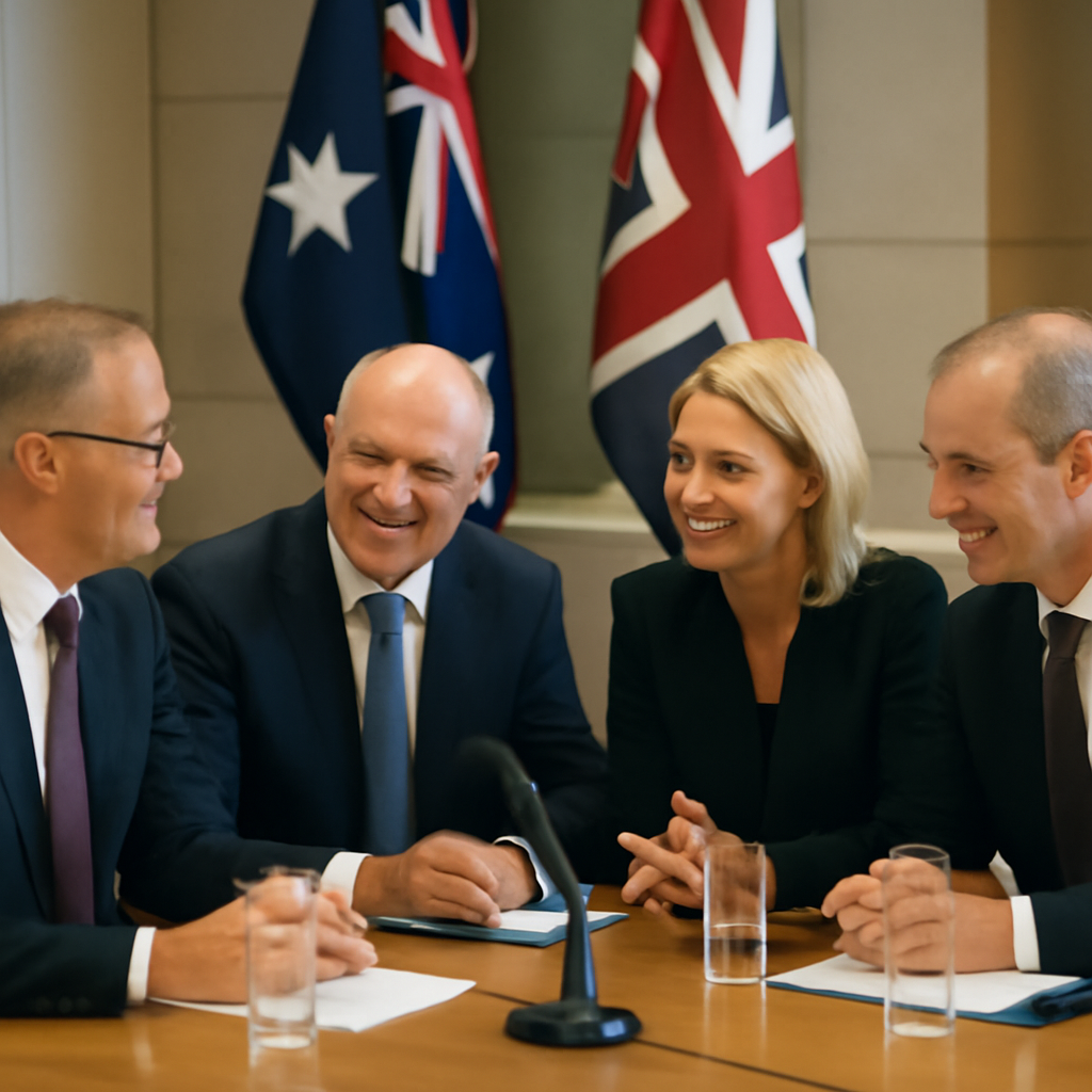 Officials from Australia and Britain engage in discussion at a formal conference meeting.