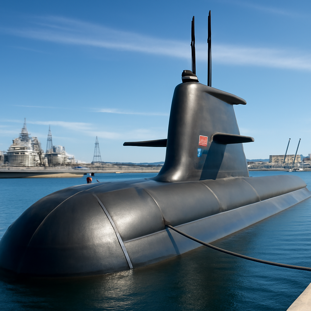 Modern submarine docked in harbor with naval ships and cranes under a clear blue sky.