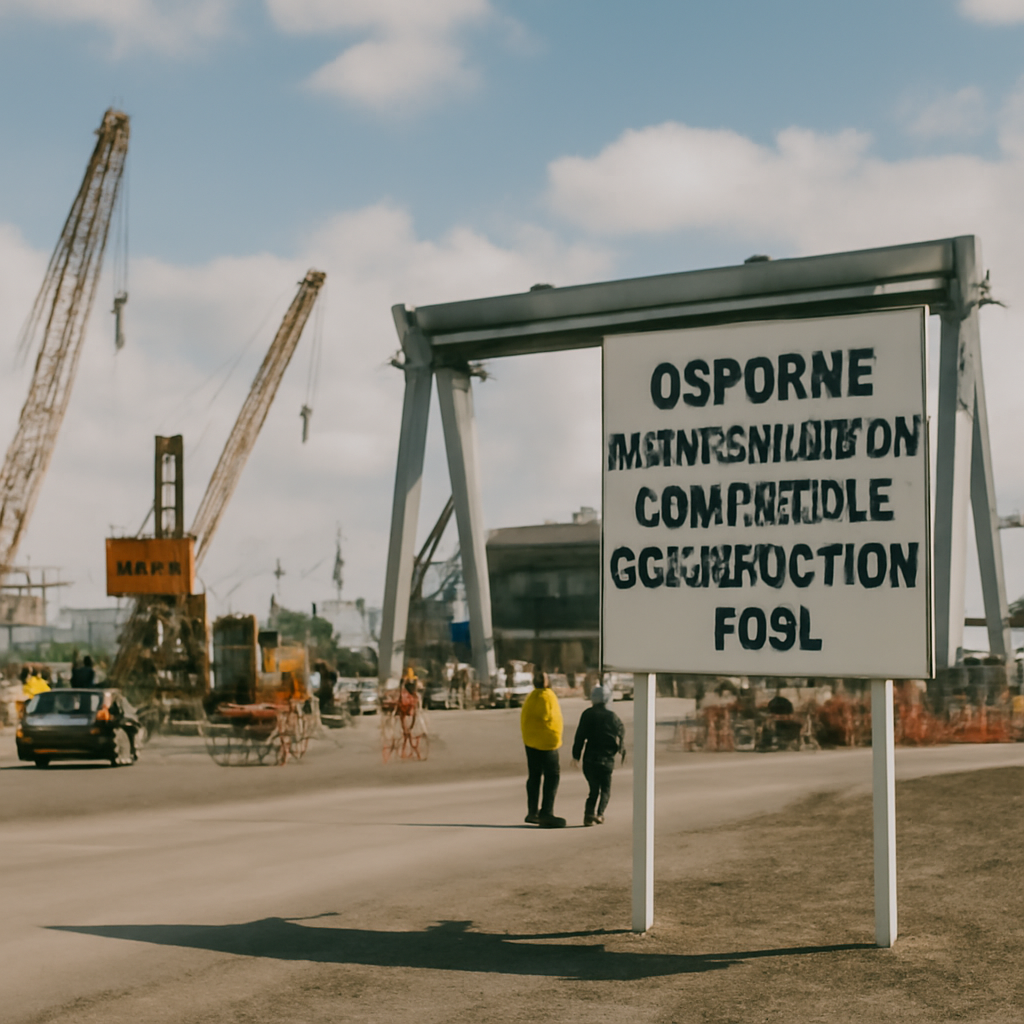 Construction yard with equipment and infrastructure under bright daylight, workers and security personnel present.