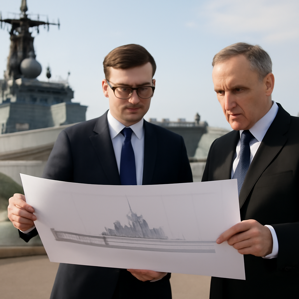 Two officials in formal business attire examine a large-scale naval vessel model on a dockyard with a submarine or warship…