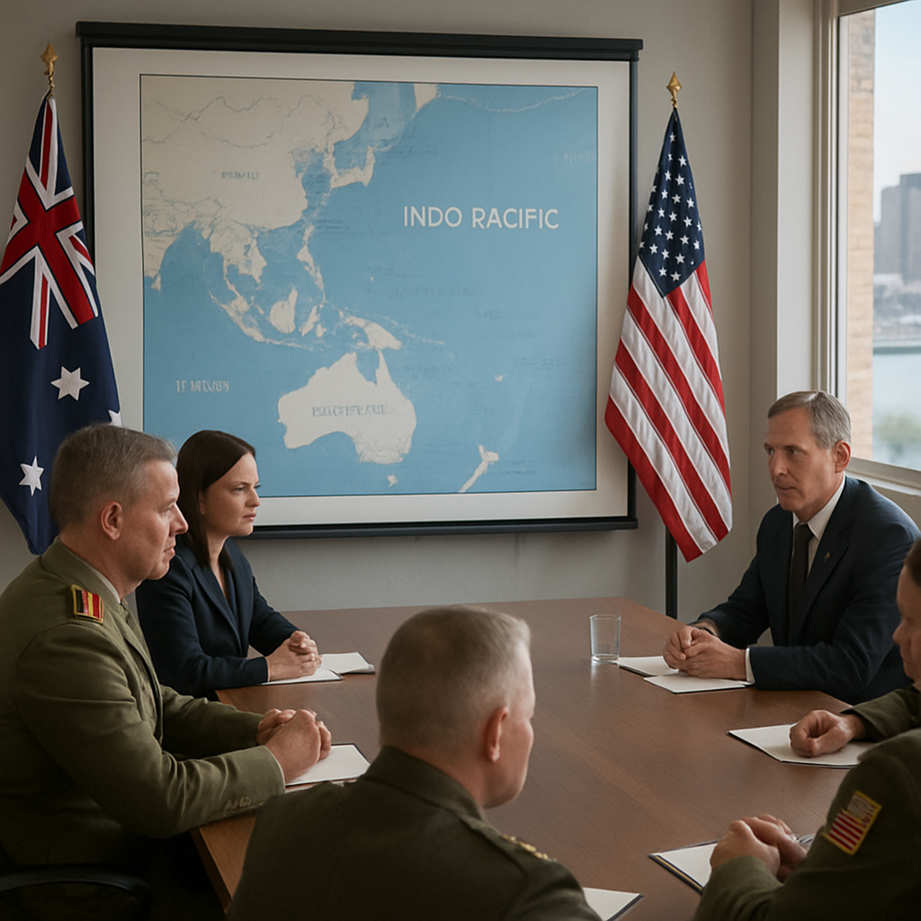 Military personnel and officials study a map of the Indo-Pacific region in a briefing room.
