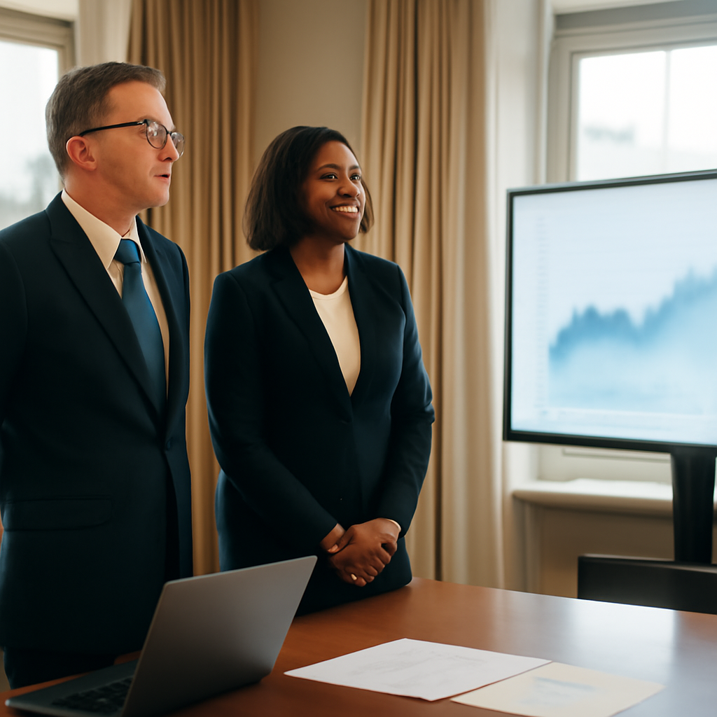 Two officials in a conference room examine a presentation on a screen beside a laptop and papers.