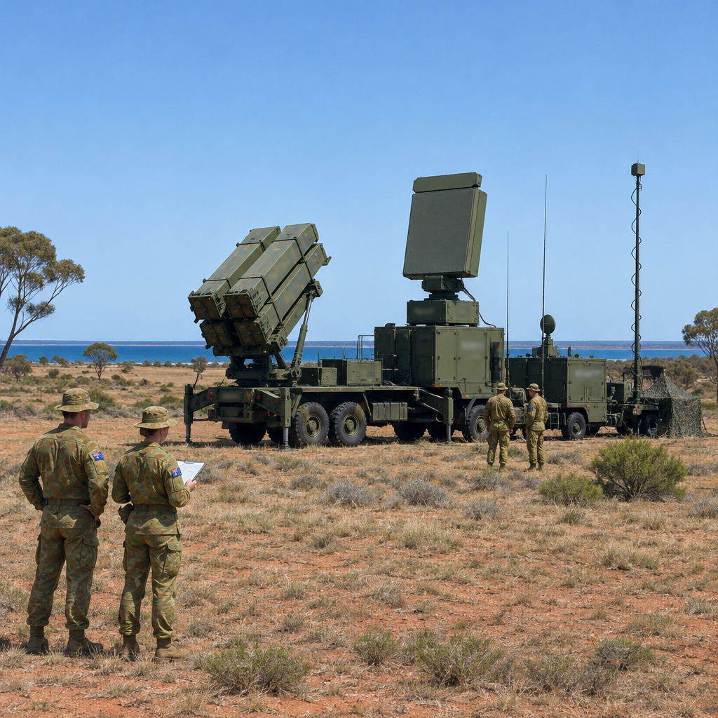 Military air defense system on Australian outback plain under clear blue sky.