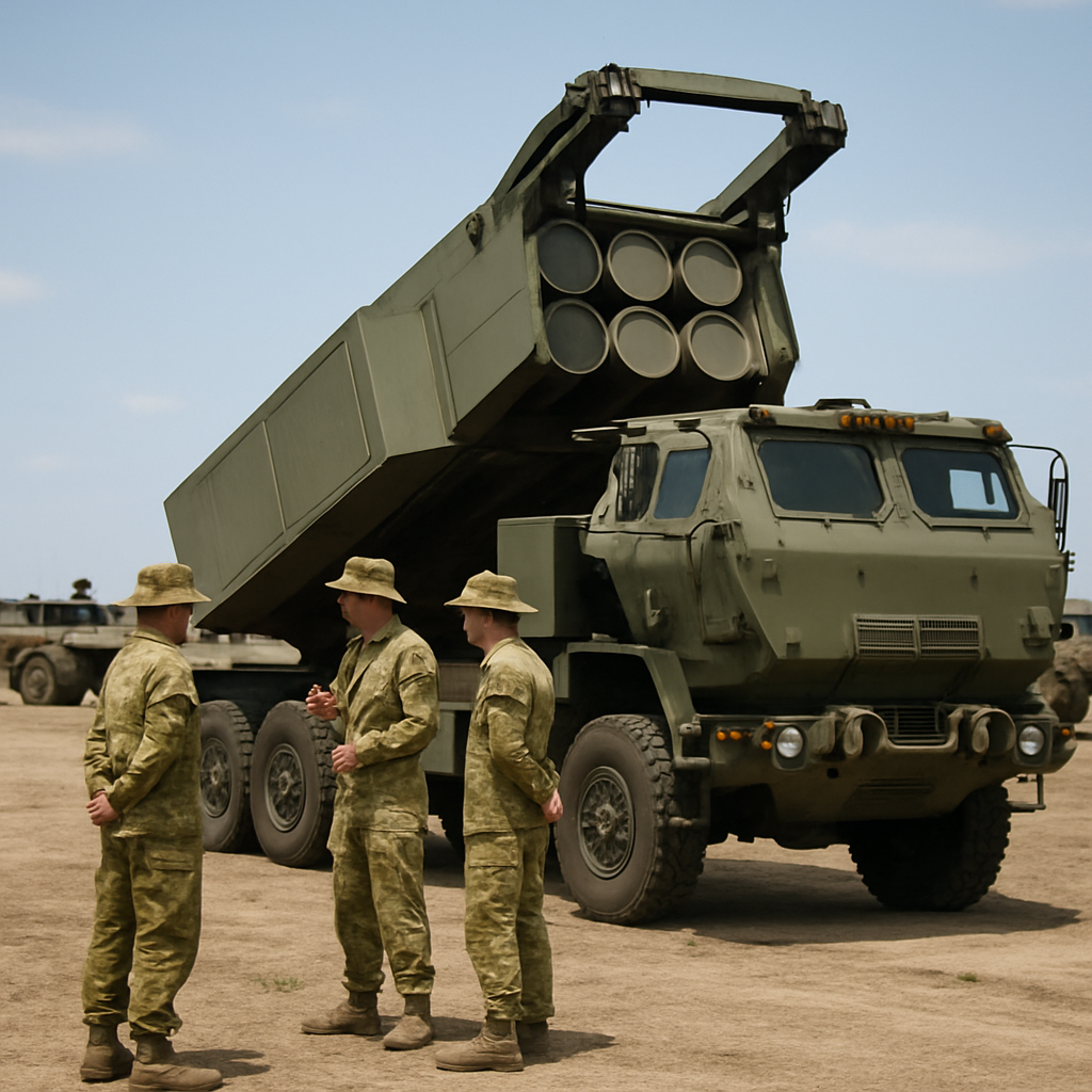 HIMARS launcher unit on open terrain, oriented right, rocket pods visible.