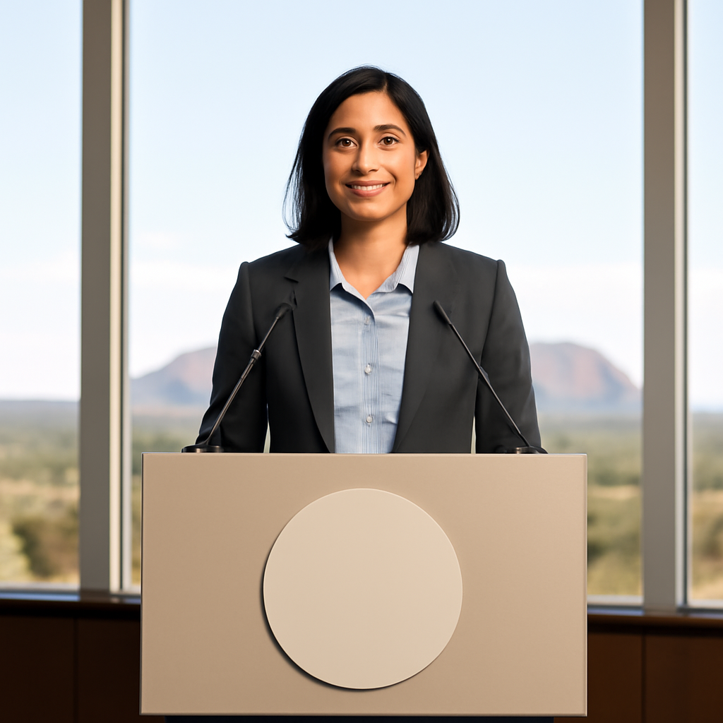 Person speaks at a formal conference with a blurred Australian landscape in the background.