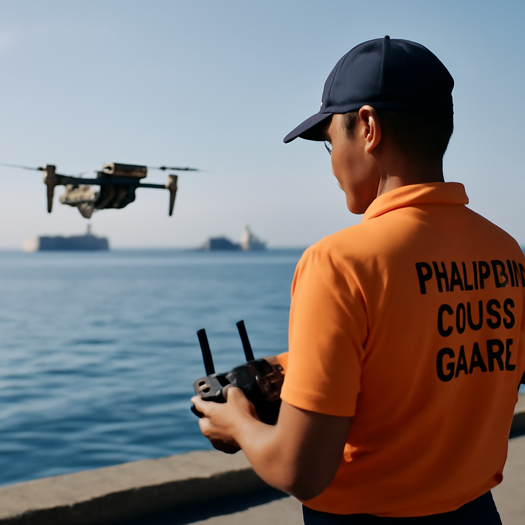 Philippine Coast Guard personnel operates a drone on a dock with calm sea and distant boats.