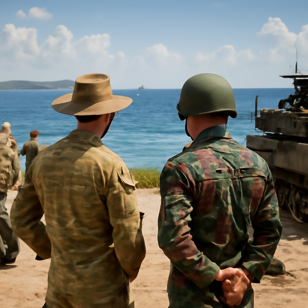 Australian and Indonesian military personnel stand together overlooking the Java Sea with equipment and islands in the…