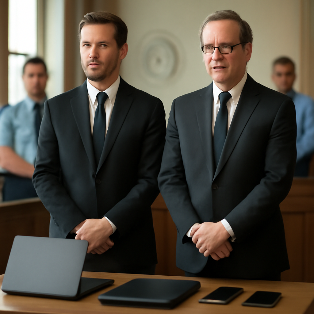 Two men in formal attire stand in a courtroom with electronic devices on a table, surrounded by subtle police emblems and…