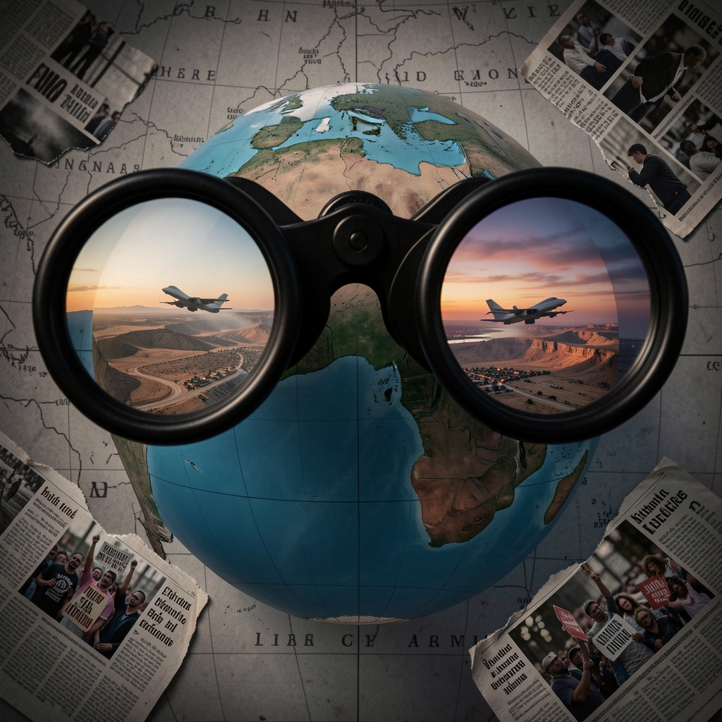Globe centered on Australia with binoculars focused on Middle Eastern landscape and a military jet taking off.