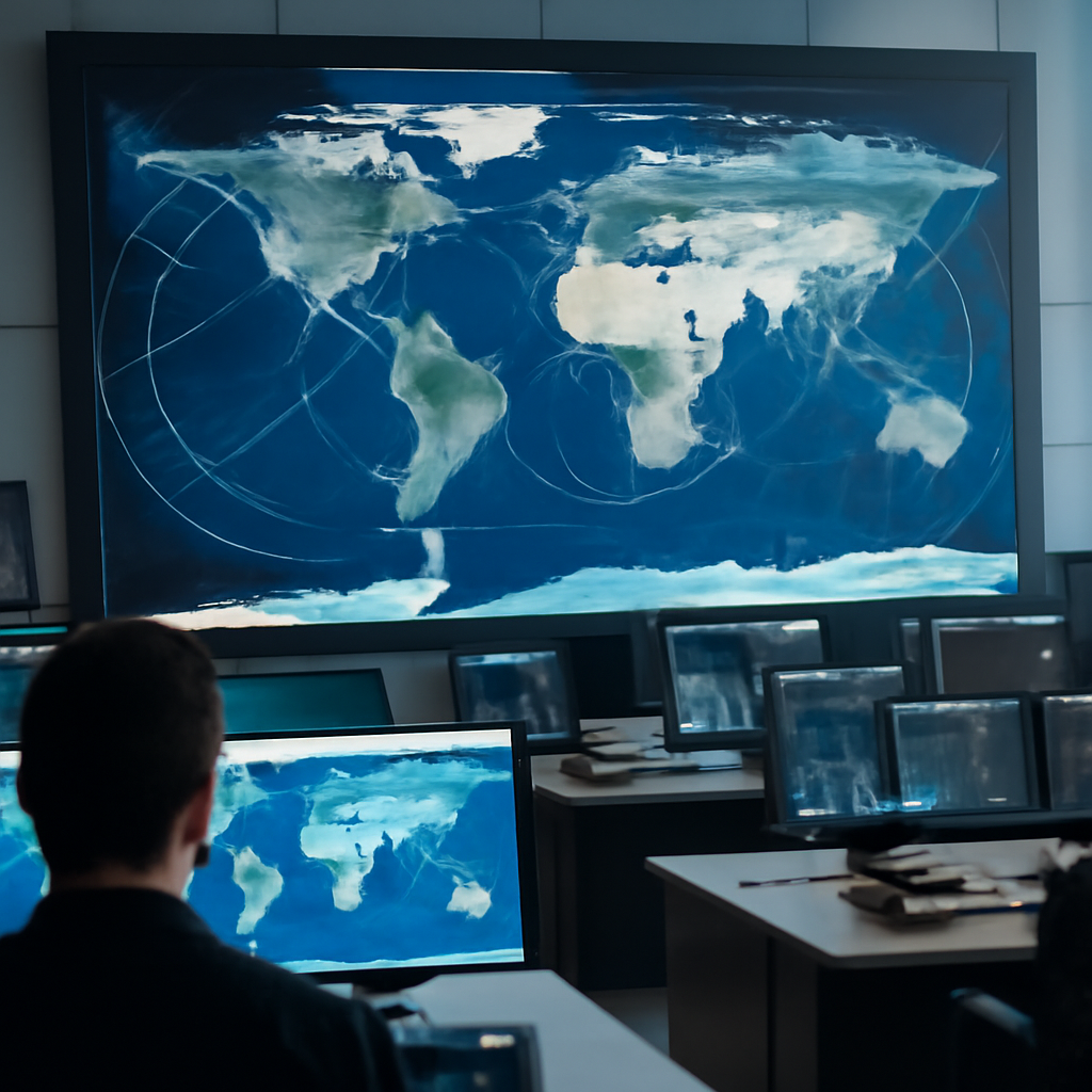 Satellite control room with large screen map and monitors displaying operational data.