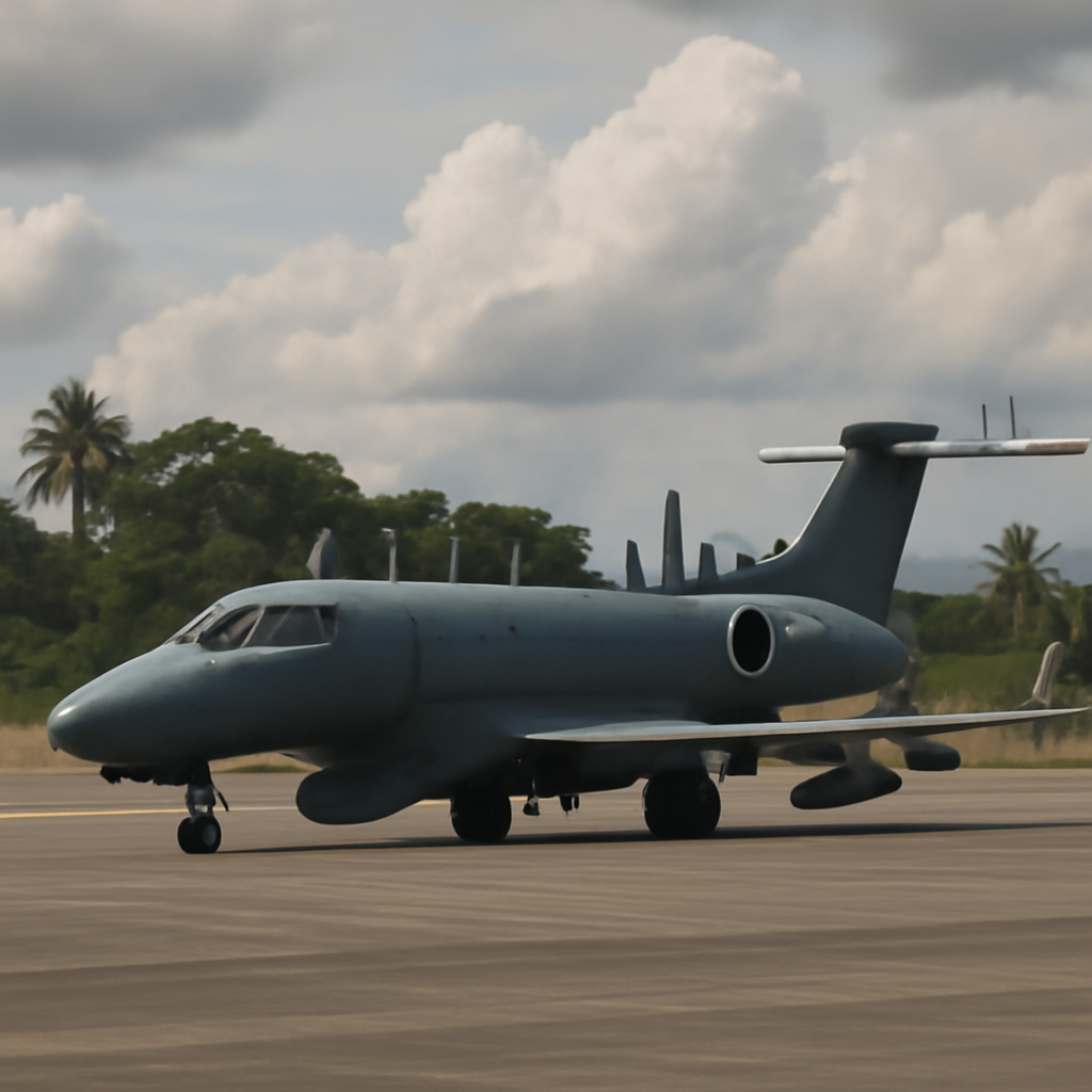 Australian MC-55A Peregrine aircraft on tarmac at Clark Air Base with tropical trees and cloudy sky.