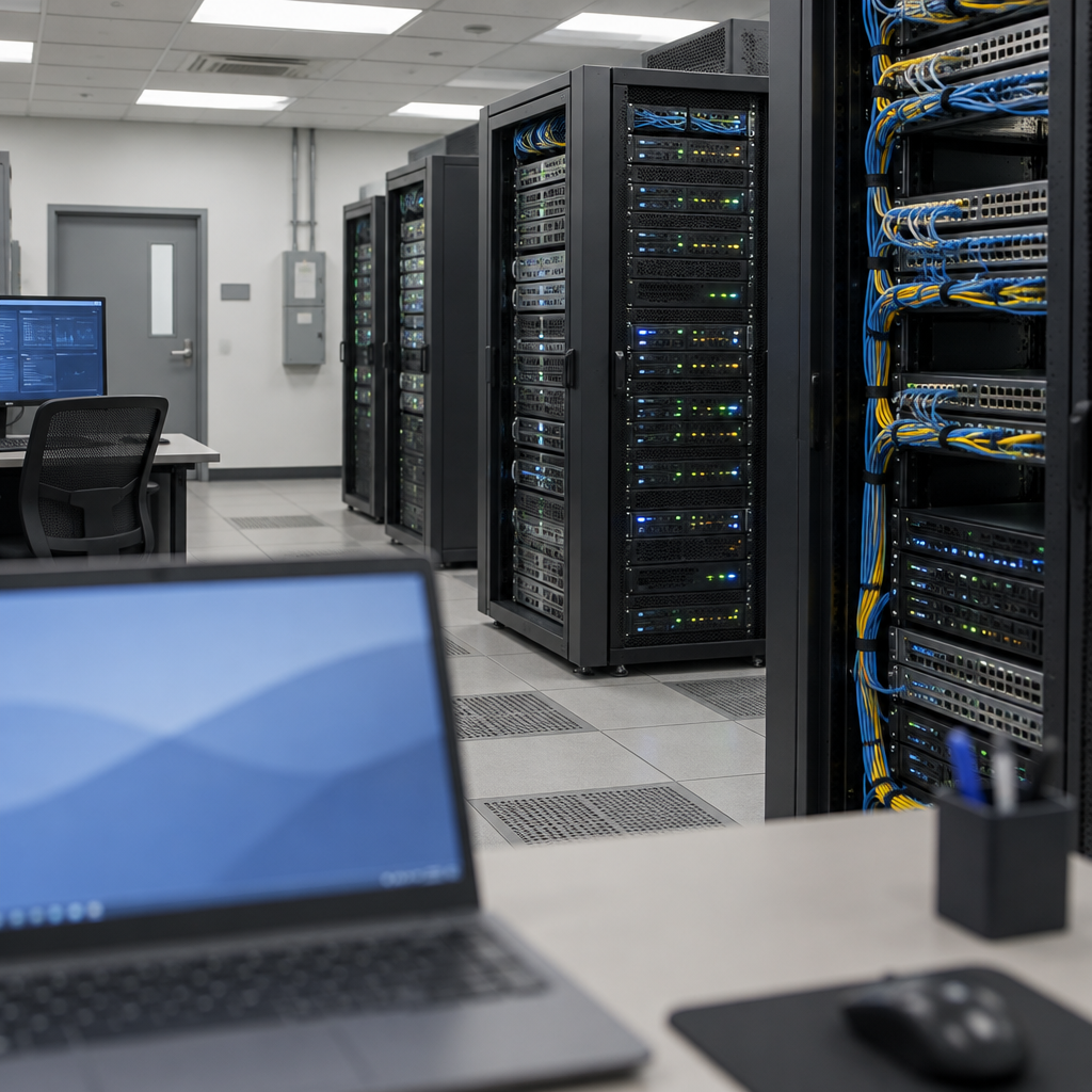 Rows of computer servers and networking gear in a data center with blinking lights and cables.