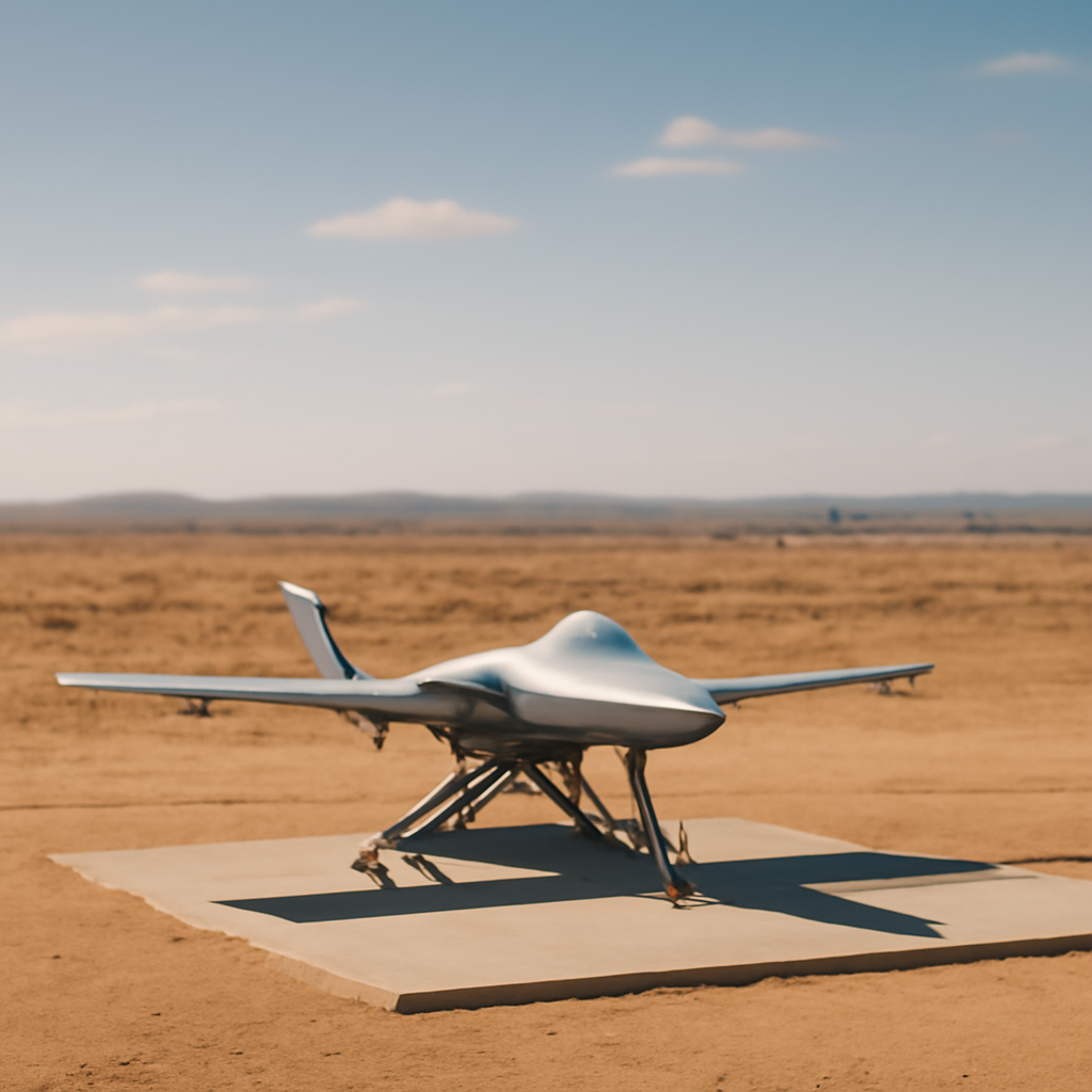 A small, sleek drone on a launchpad in a vast, sun-baked landscape with a clear blue sky.