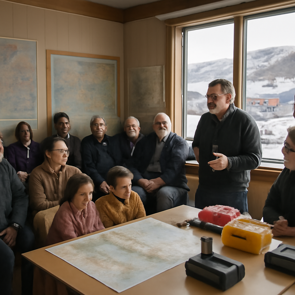 Residents gather in a community center surrounded by emergency supplies and maps in a snow-covered village.