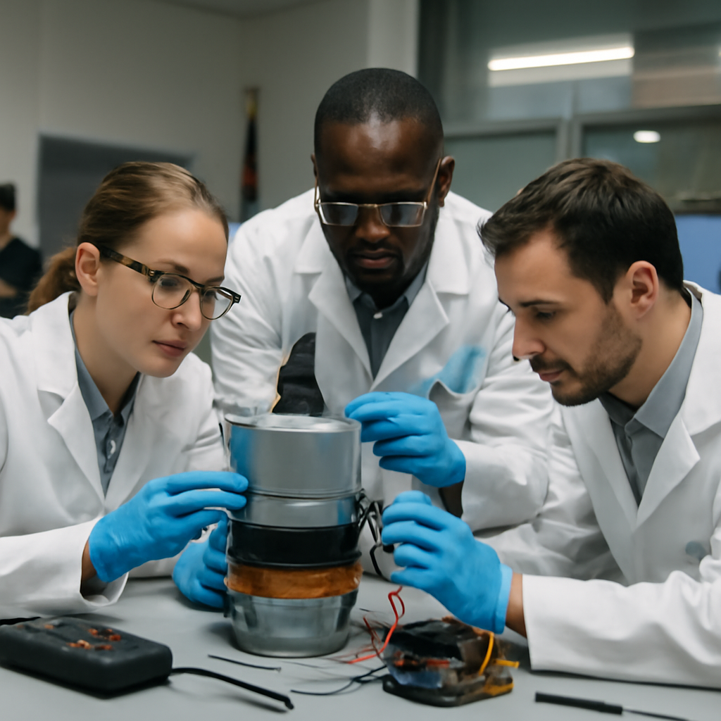 Researchers work on a prototype device in a secure facility surrounded by scientific instruments and screens displaying…
