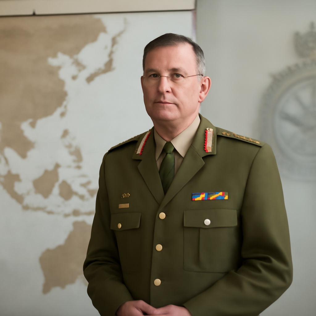 Defence Minister stands before abstract Asia-Pacific map with ADF emblem.