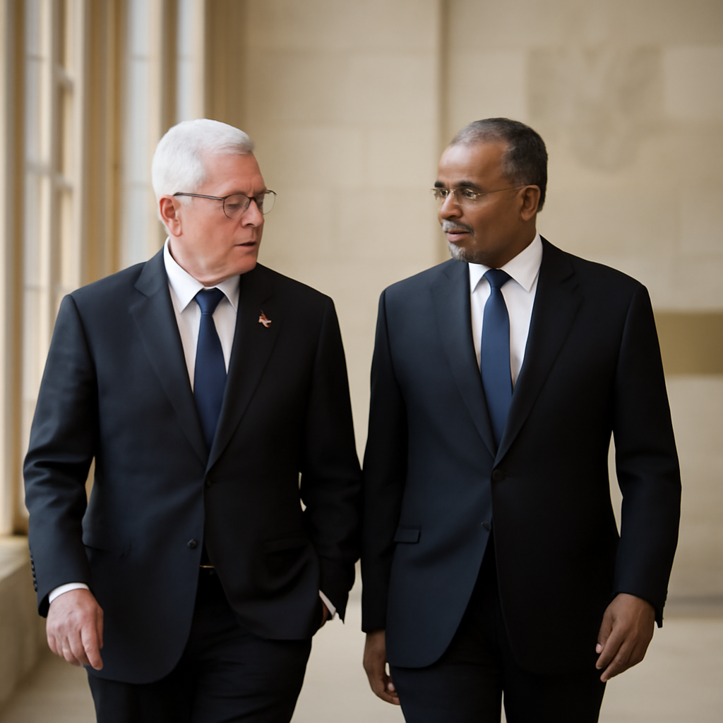 Two dignitaries in formal attire converse in a grand hallway with tall windows and stone walls.