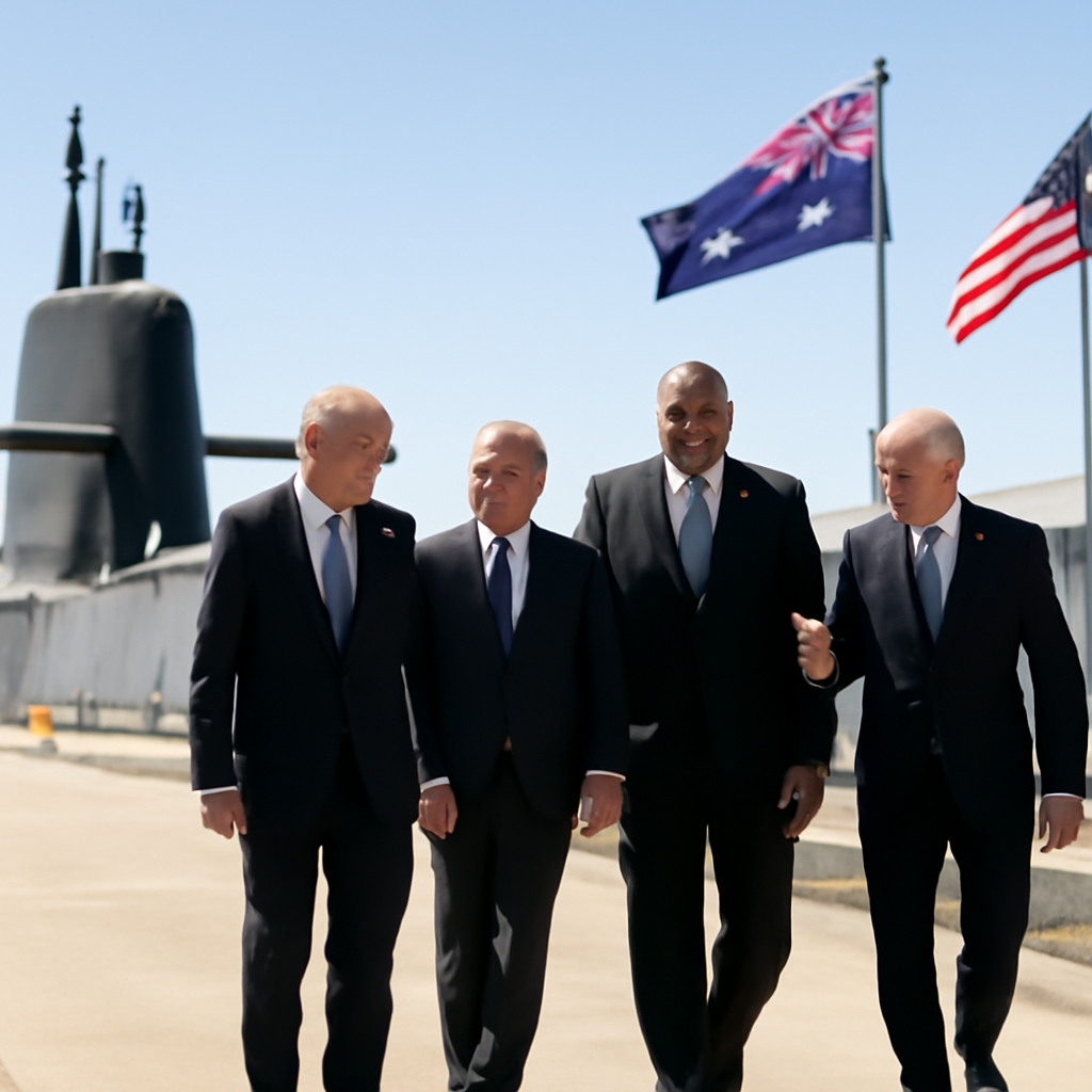 Officials in formal attire discuss strategic matters in front of a modern submarine at a secure naval facility.