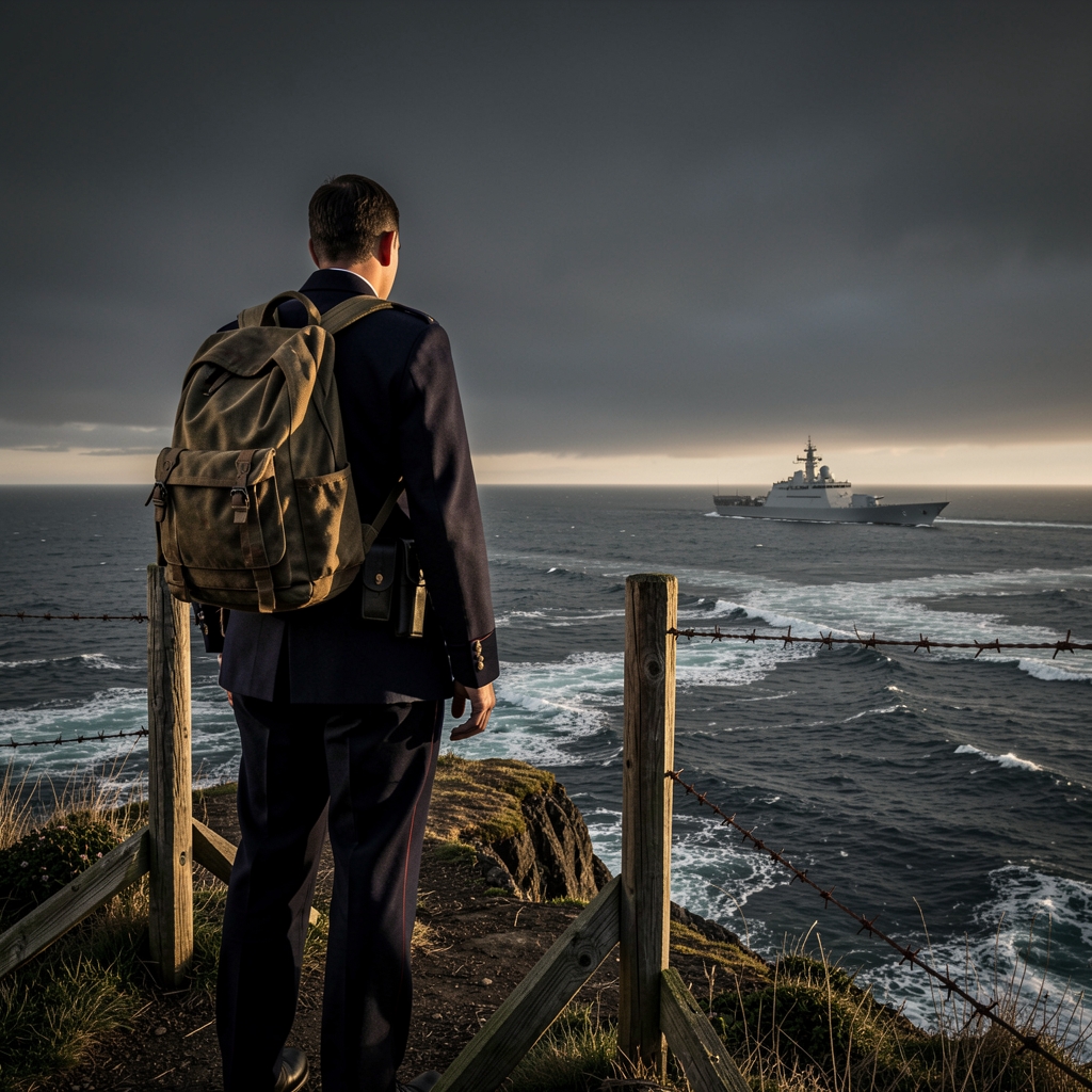 Sentinel stands watch on rugged coastline with weathered fence and barbed wire.