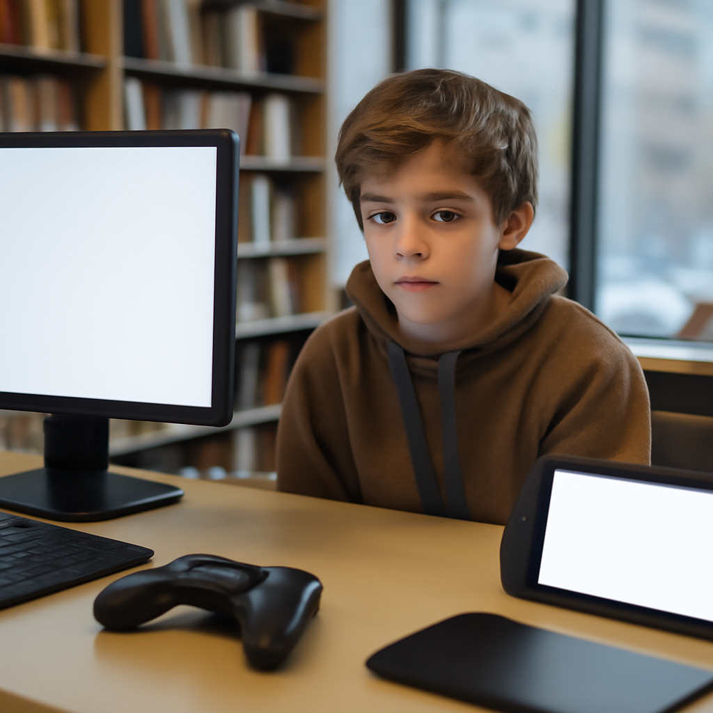 Young person sits surrounded by screens with a concerned expression.