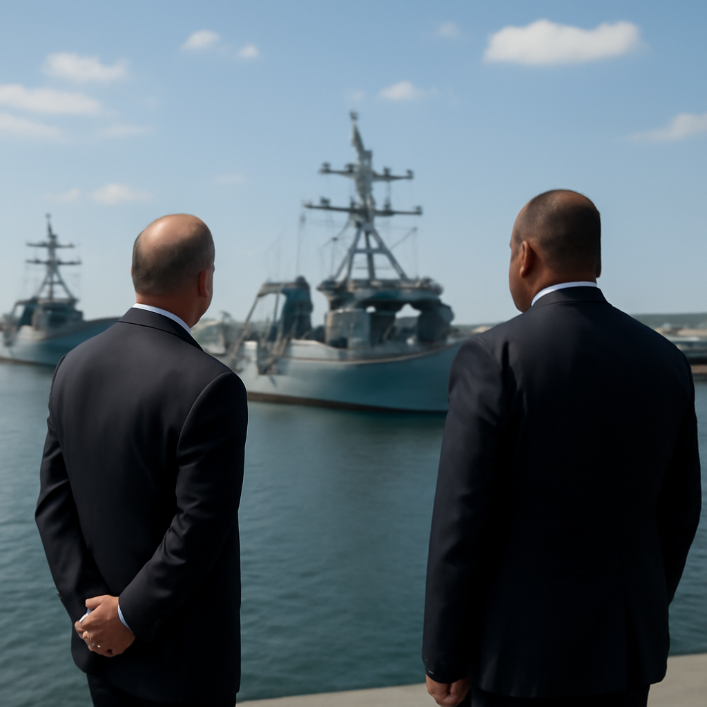 Dignitaries stand together overlooking a harbor with naval ships docked.