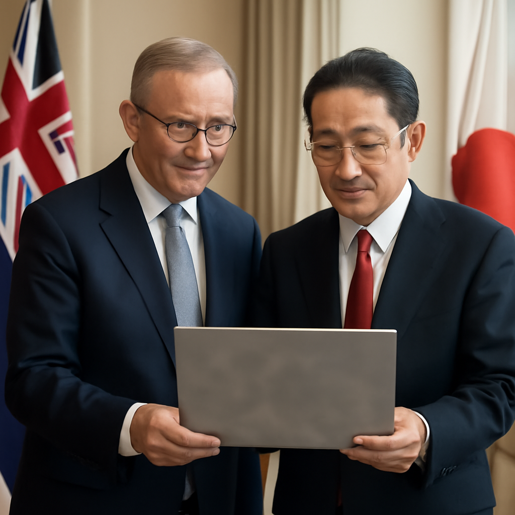 Two dignitaries in formal attire stand side by side, examining a document, conveying cooperation and diplomacy.