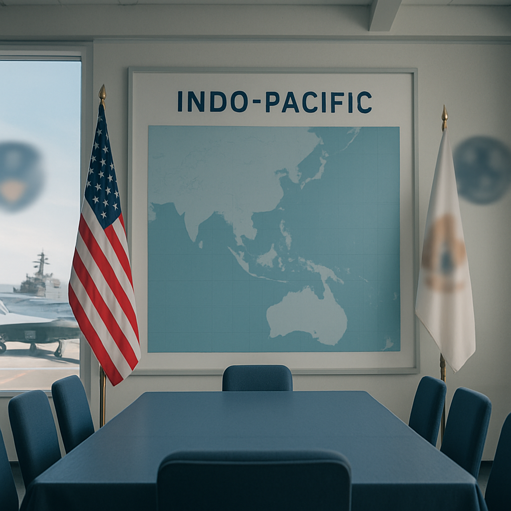 Naval ship with meeting room and map of Indo-Pacific region in daylight setting.