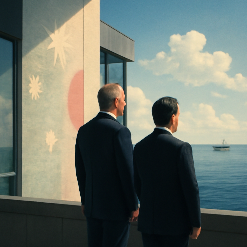 Two dignitaries in formal attire stand side by side overlooking a serene harbor.
