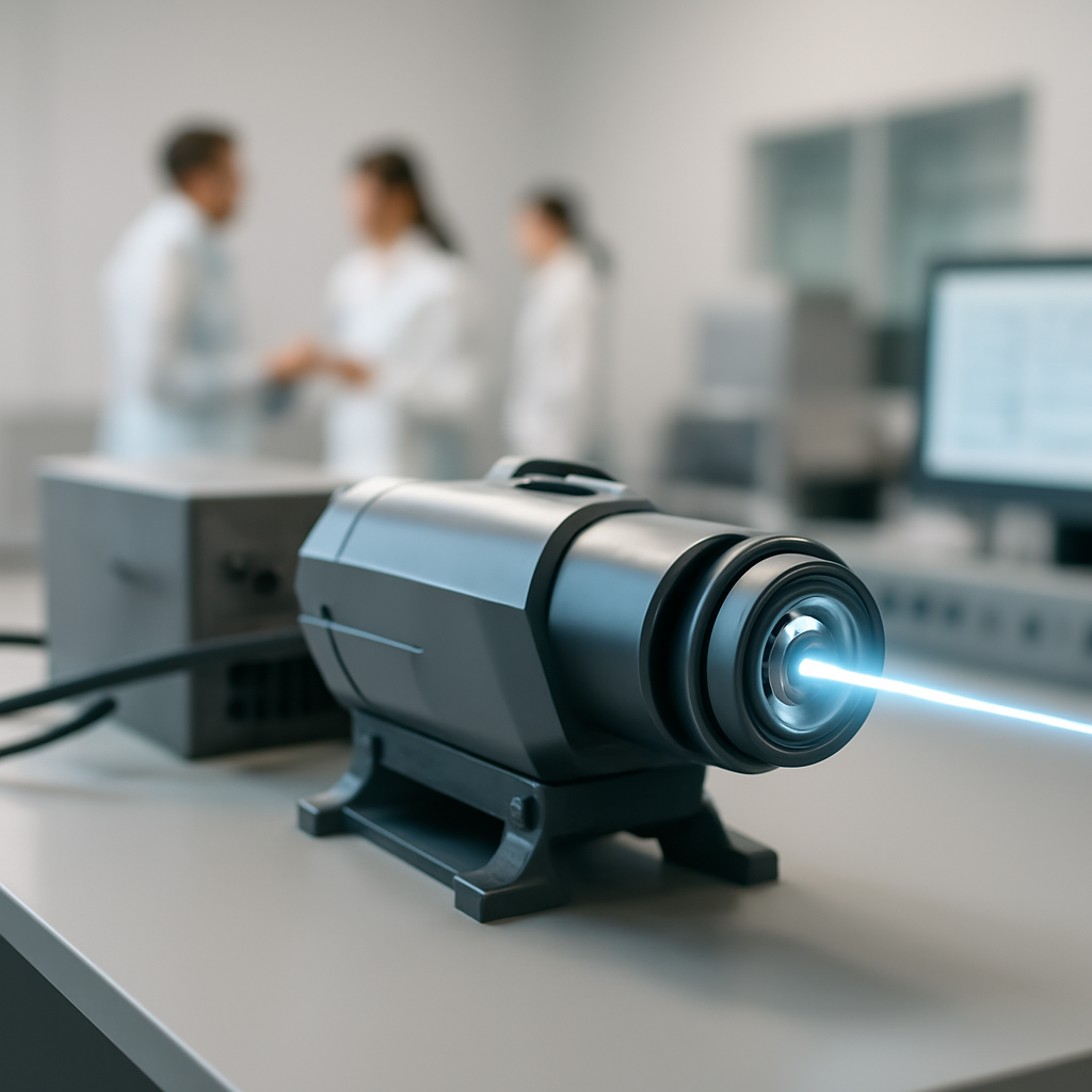 Futuristic high-energy laser device on a laboratory bench with connected control systems.