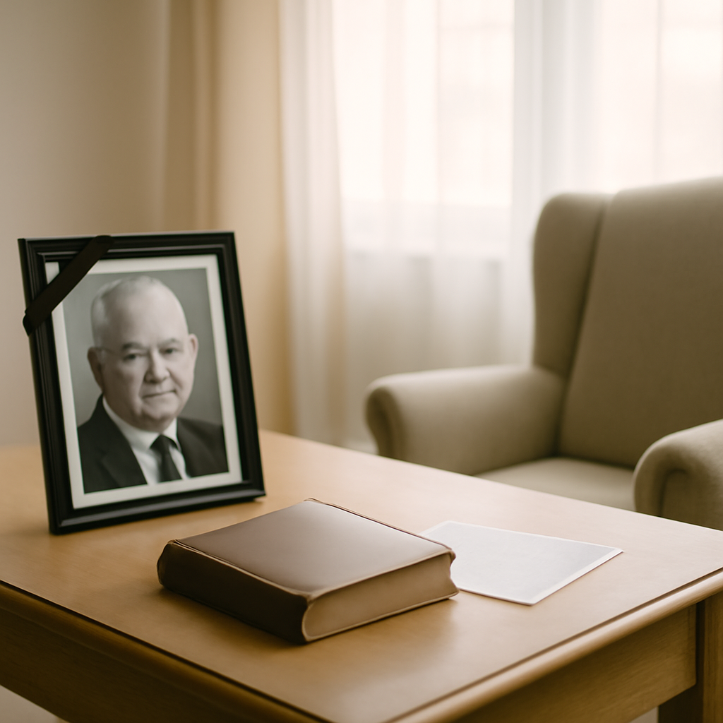 Somber scene with soft natural light, honoring a renowned expert's life and legacy.