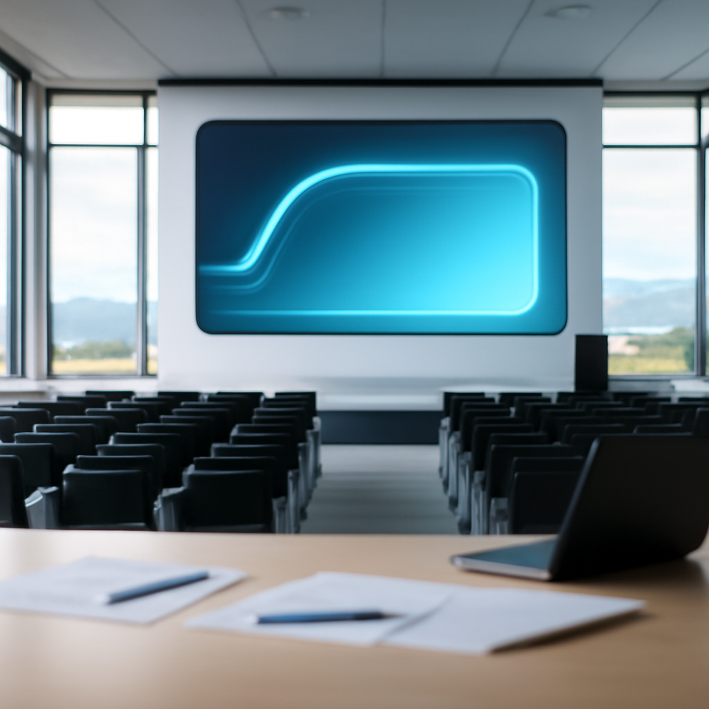 Empty conference room with futuristic presentation screen and cityscape view.