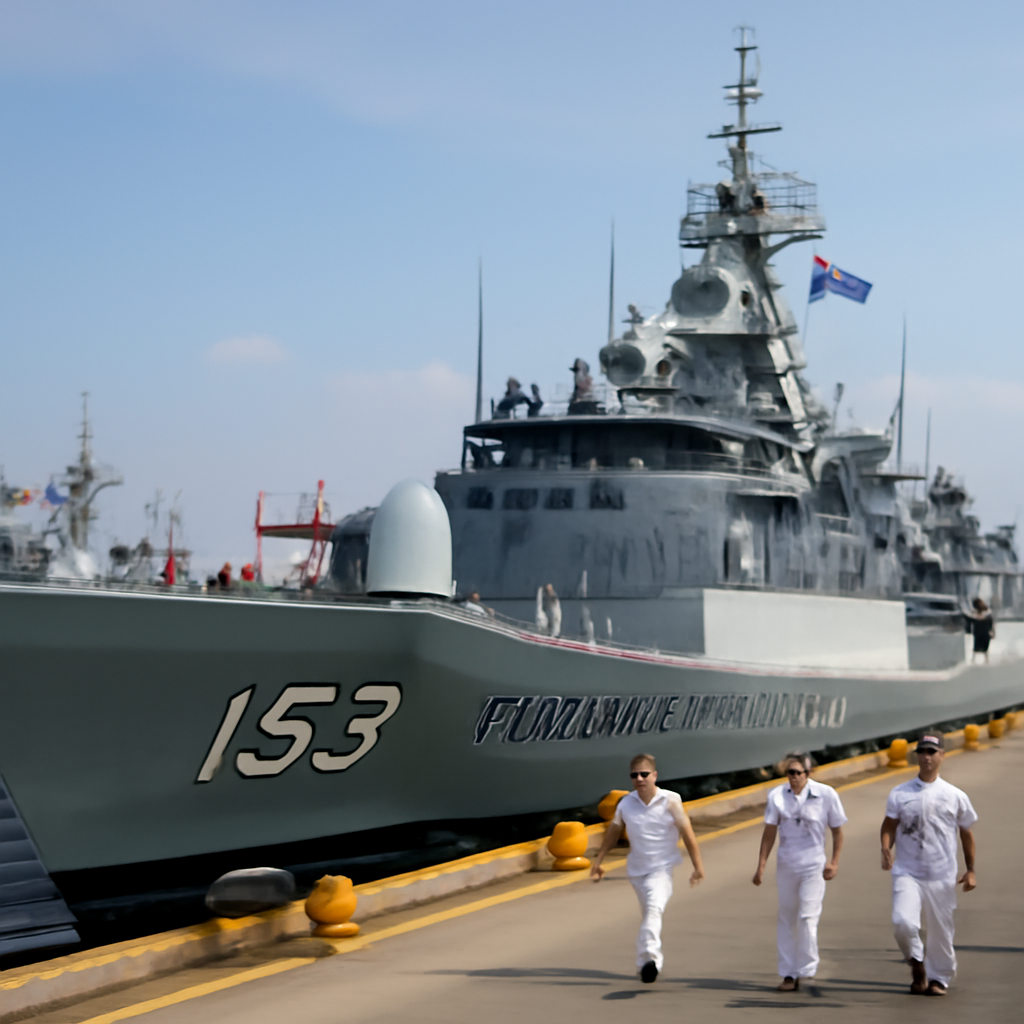 Royal Australian Navy warship docked at international naval base with Asia-Pacific nations' ships in background.
