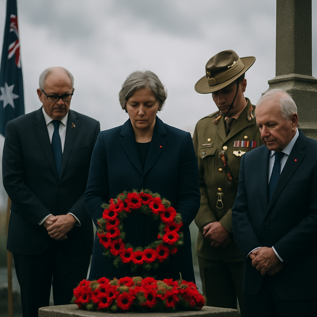 Dignitaries gather at a war memorial on a misty day for an Anzac Day ceremony.