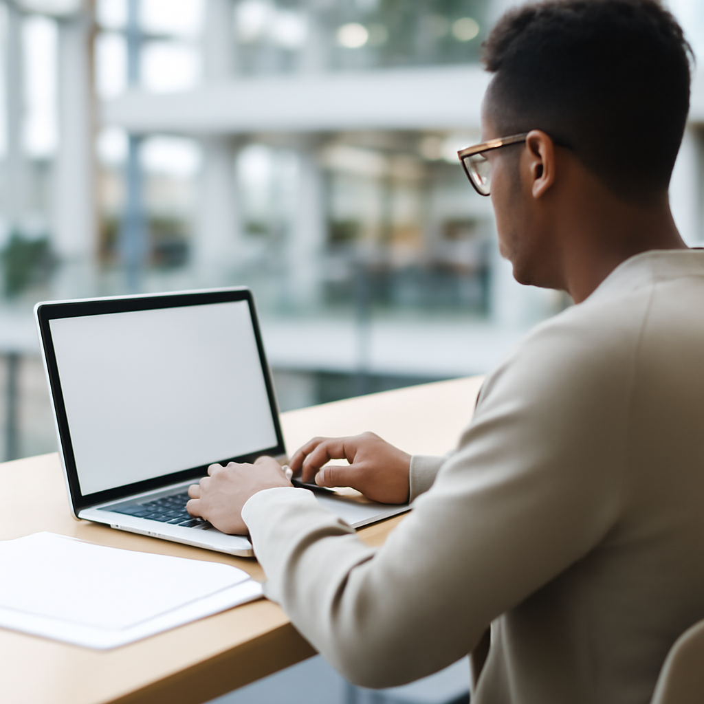 Person working at a modern workstation with laptop and papers amidst a blurred office background.
