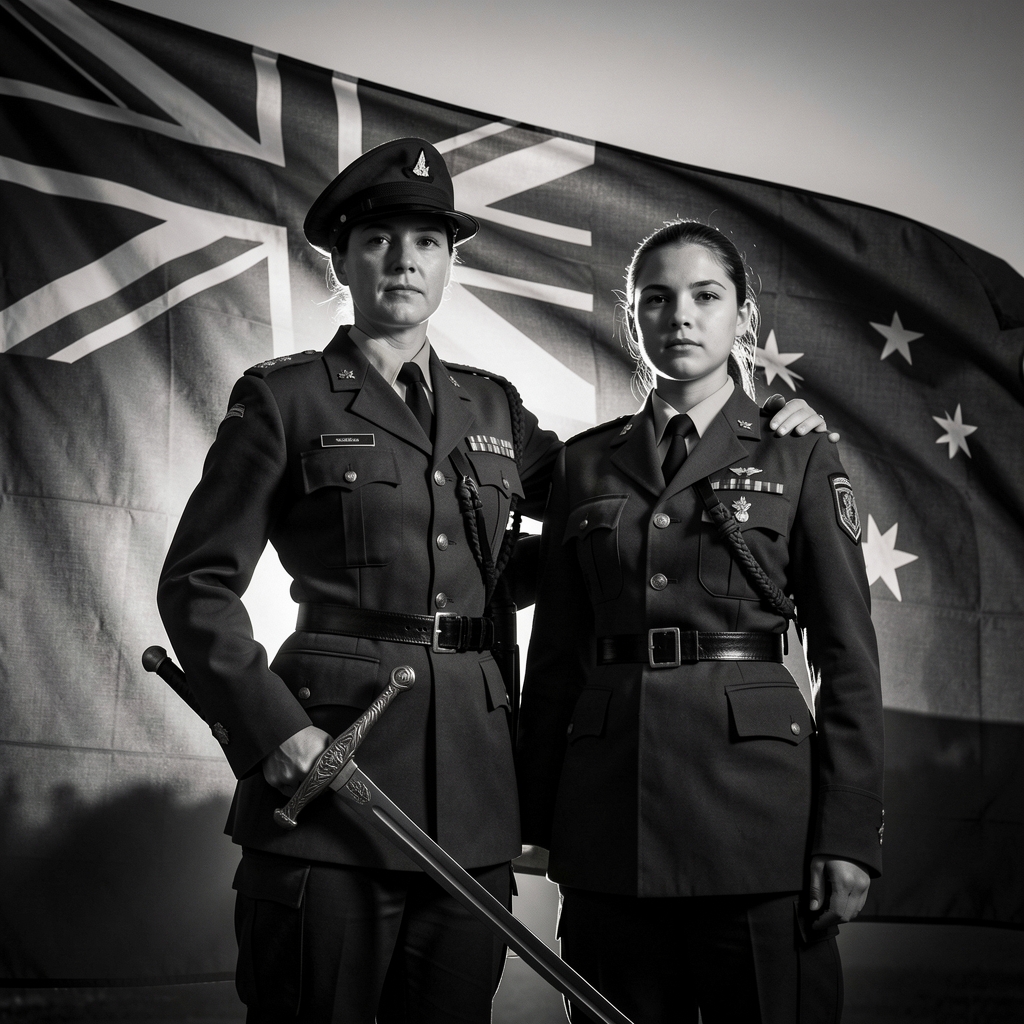 Woman in military uniform stands confidently with ceremonial sword in front of Australian flag.