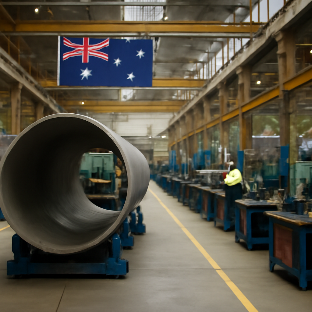 Australian industrial facility with workers and machinery, conveying resilience and self-reliance.